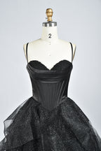 Wholesale Black Sequin Ruffled Spaghetti-Strap Evening Gown 33337