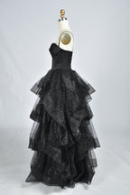 Wholesale Black Sequin Ruffled Spaghetti-Strap Evening Gown 33337