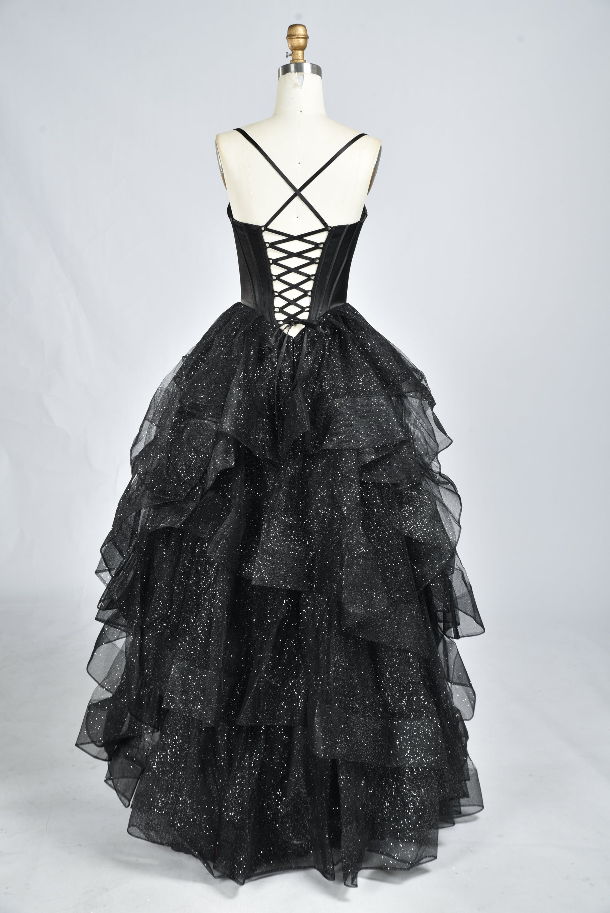 Wholesale Black Sequin Ruffled Spaghetti-Strap Evening Gown 33337