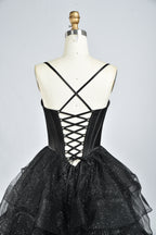 Wholesale Black Sequin Ruffled Spaghetti-Strap Evening Gown 33337