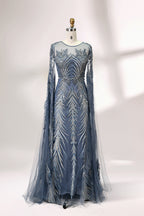 Showcased on a mannequin is a light - teal evening gown. It features a sheer high - neck design, long flowing sleeves, and intricate leaf - pattern embroidery. The gown's elegant and unique design exudes a sense of sophistication and grace, making it an ideal choice for formal events.
5