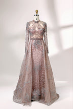 Presented on a mannequin is a blue - toned evening gown. It has a high neckline, long sheer sleeves, and intricate floral embroidery. The elegant design gives off a luxurious and sophisticated vibe, ideal for formal occasions.5