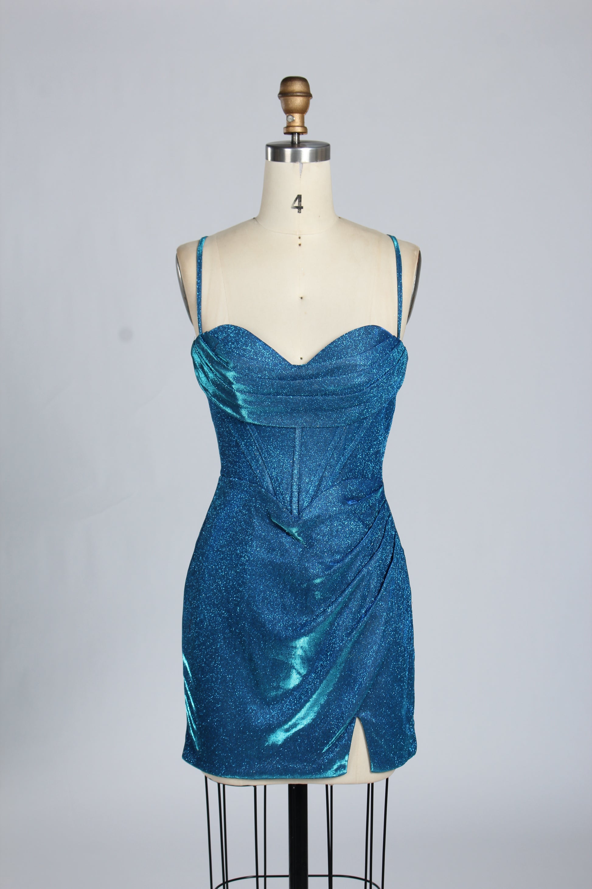 Wholesale Teal Glitter Spaghetti-Strap Ruched Homecoming Dress d-099s