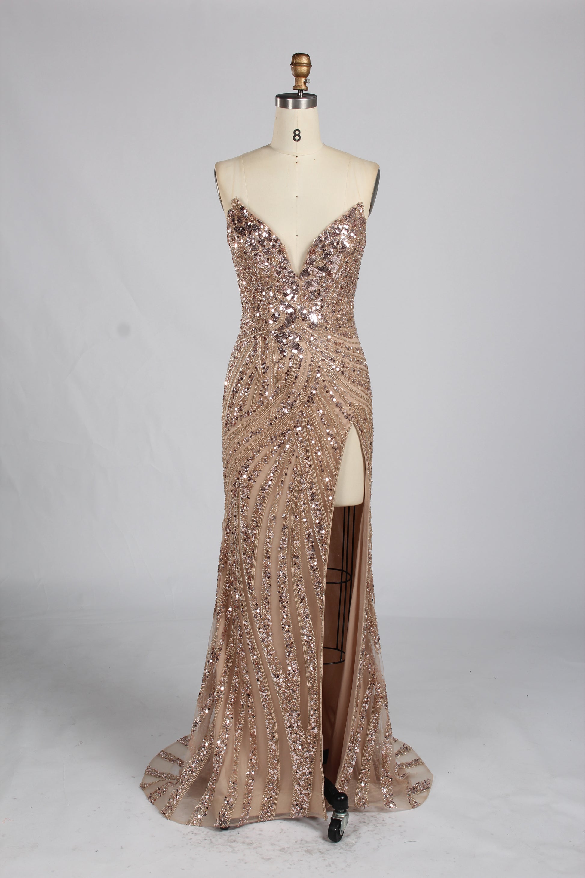 Wholesale Champagne Sequin Slit Mermaid Prom Dress  33314