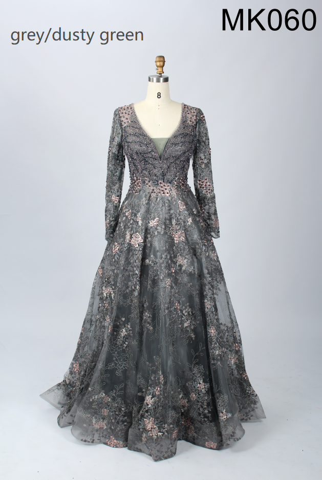 Gray beaded tulle long-sleeve ball gown with plunging V-neck and gathered full skirt
