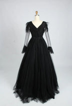 Feather Trim V Neck Long Sleeve Black Mother of the Bride Dress KS010B