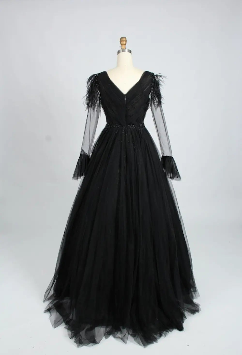 Feather Trim V Neck Long Sleeve Black Mother of the Bride Dress KS010B