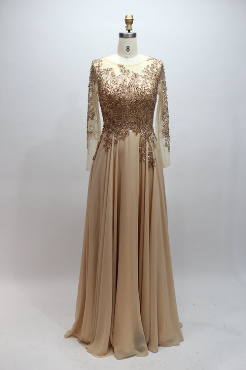 Elegant champagne-gold mother of the bride dress featuring a scoop neck, sheer long sleeves with sequin embroideries, and a flowing long A-line chiffon skirt.