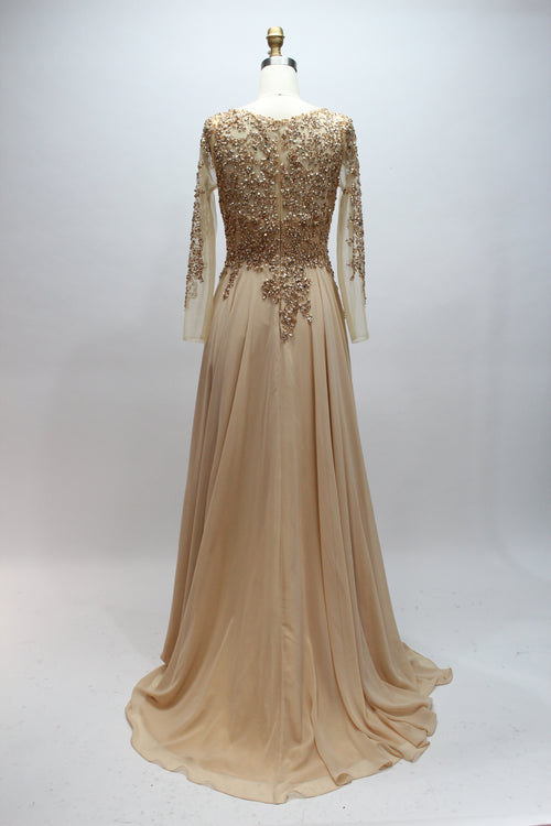 Elegant champagne-gold mother of the bride dress featuring a scoop neck, sheer long sleeves with sequin embroideries, and a flowing long A-line chiffon skirt.