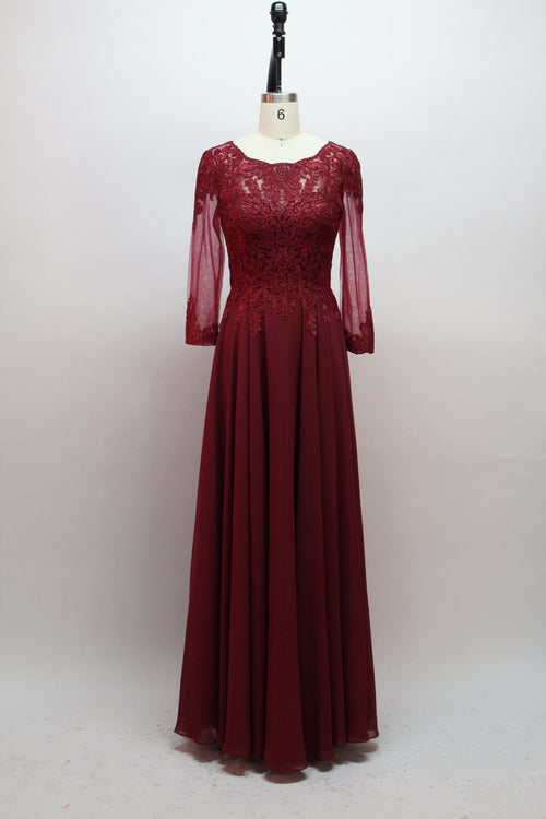 Front view of an elegant burgundy A-line mother of the bride dress featuring a scoop neck bodice with intricate beaded lace detailing, sheer long chiffon sleeves, and a long flowing floor-length chiffon skirt, suitable for weddings and formal evening galas and available for wholesale or bulk purchase.