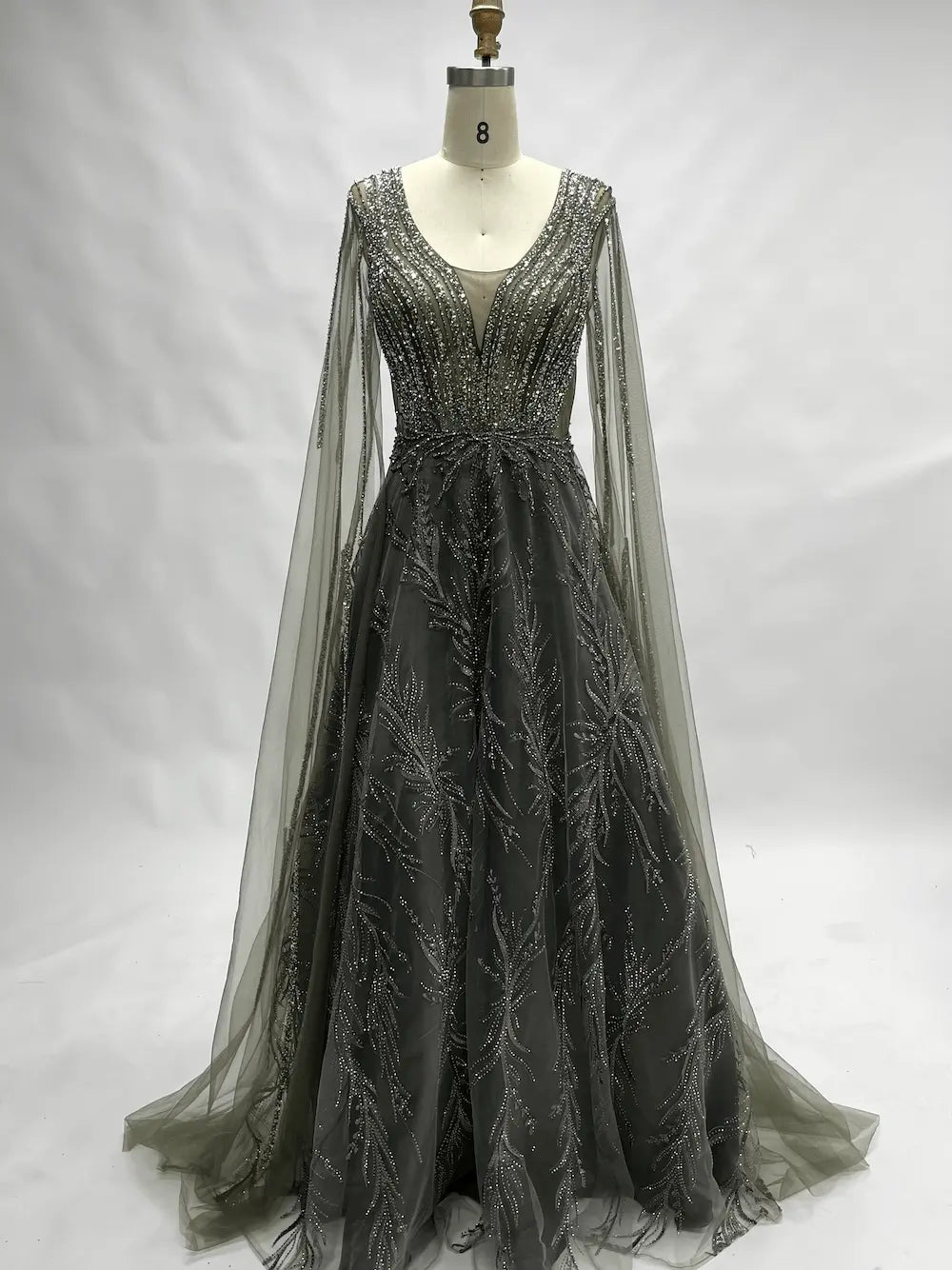 Round Neck Lace A-Line Mother of the Bride Dress with Long Sleeves KS015