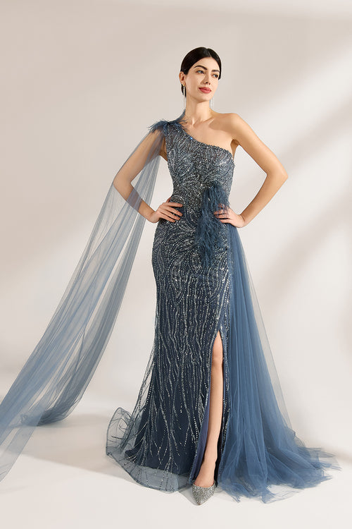 One-shoulder sequin evening gown with front slit, blue tulle drape and train