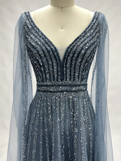 Beaded Fit-and-Flare Mother of the Bride Dress with Long Sleeves MC090