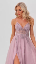 Lilac tulle prom dress with beaded sheer bodice, high slit, plunge neckline, and A-line skirt. Romantic, flattering design perfect for formal events and bulk orders.